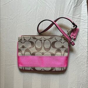 Coach Signature Canvas Wristlet with Pink Accents